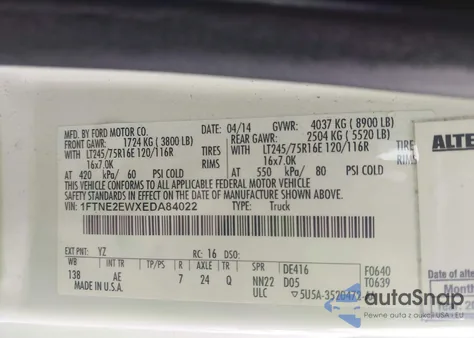 2014 Ford E-250 Commercial z USA, uszkodzony, nr VIN 1FTNE2EWXEDA84022